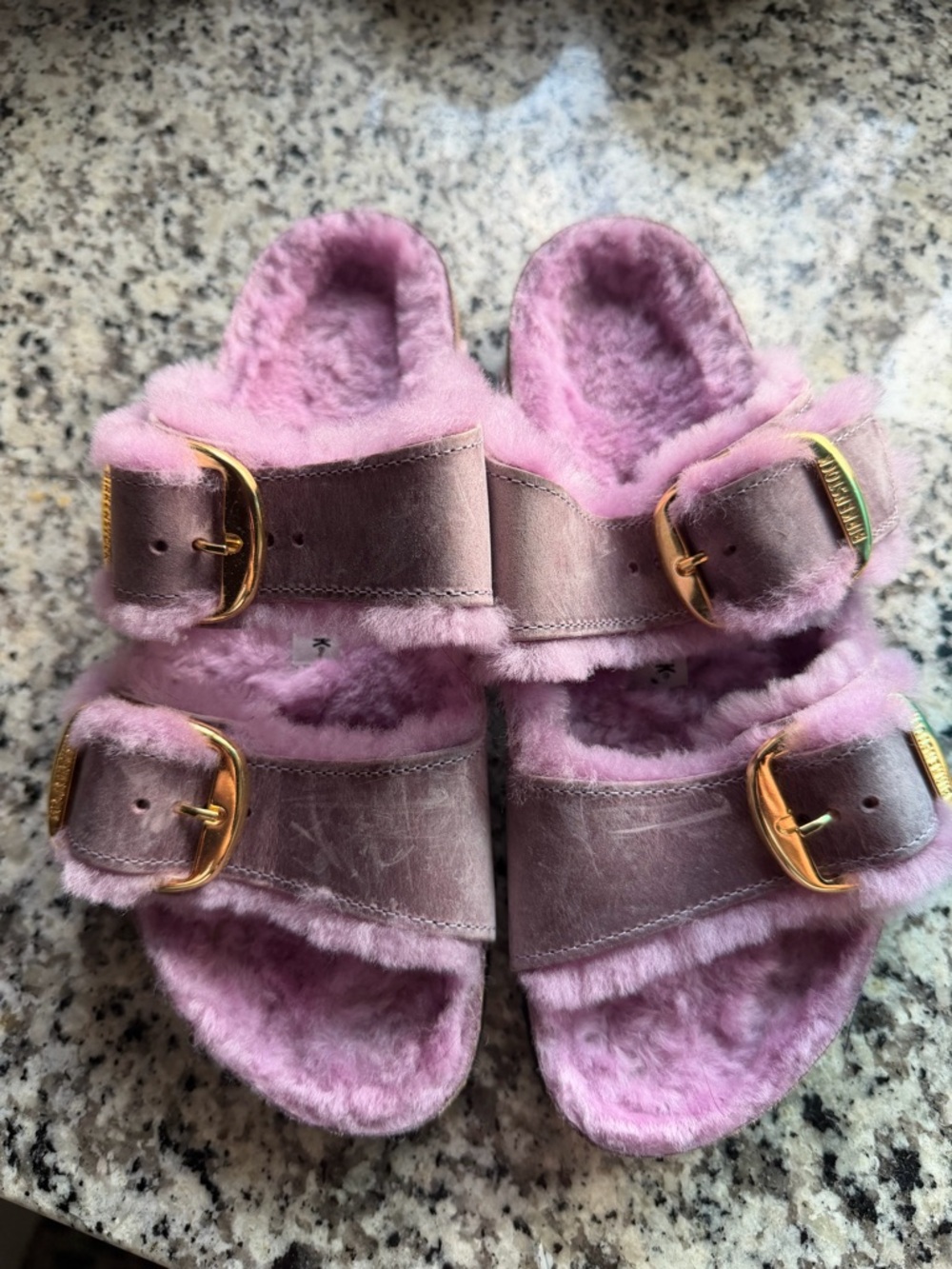 Birkenstock Plush Fuzzy Slide Sandals in Lavender Pink